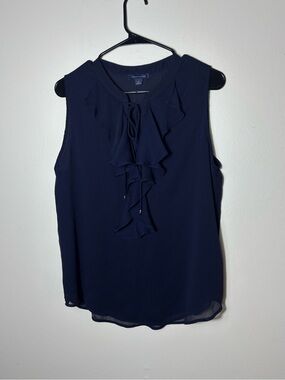 Tommy Hilfiger Womens Sleeveless Ruffle Tie Neck Blouse Navy Blue Size L